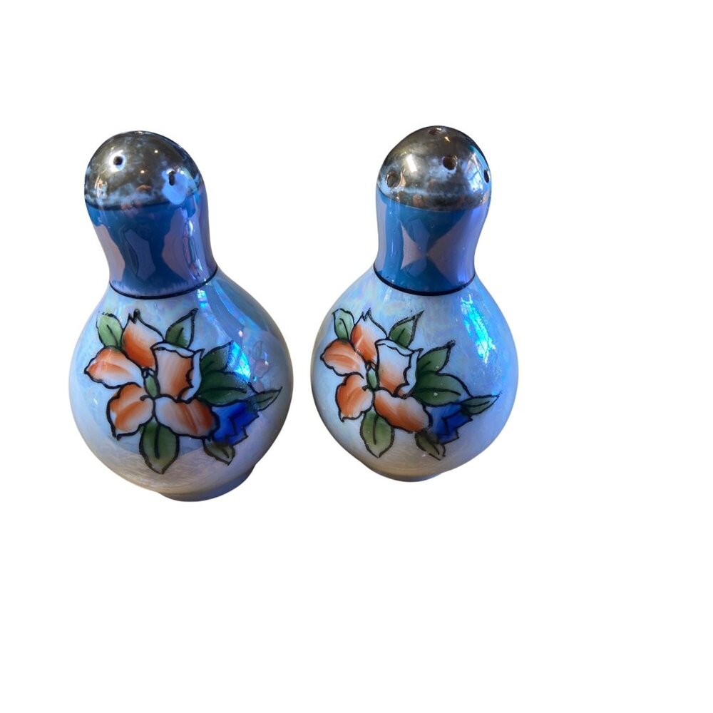 Vtg Japan Porcelain Floral Salt & Pepper Shaker Hand-Painted Round Shape